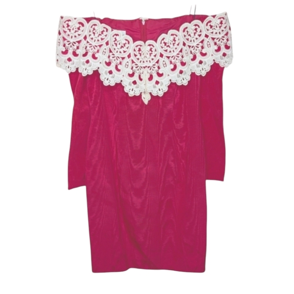 Jessica McClintock Bridal Fuschia Lace Off the Shoulder Long Sleeve Dress 10 - Picture 1 of 16